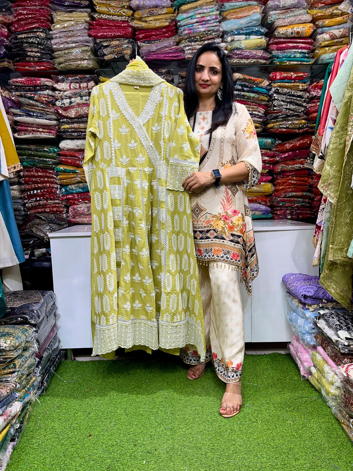 Designer Mal Cotton Pista Anarkali Set