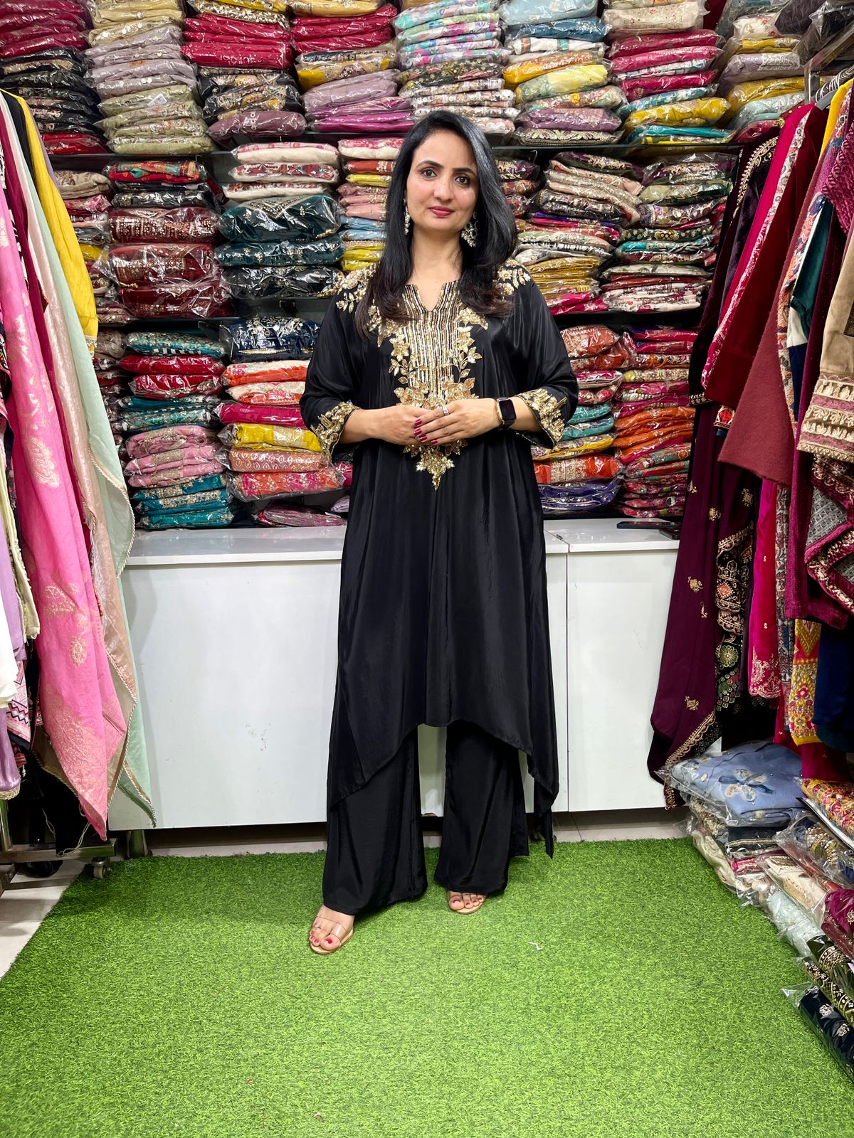 Designer Pure Crape Hand Embroidered Black Coord Set