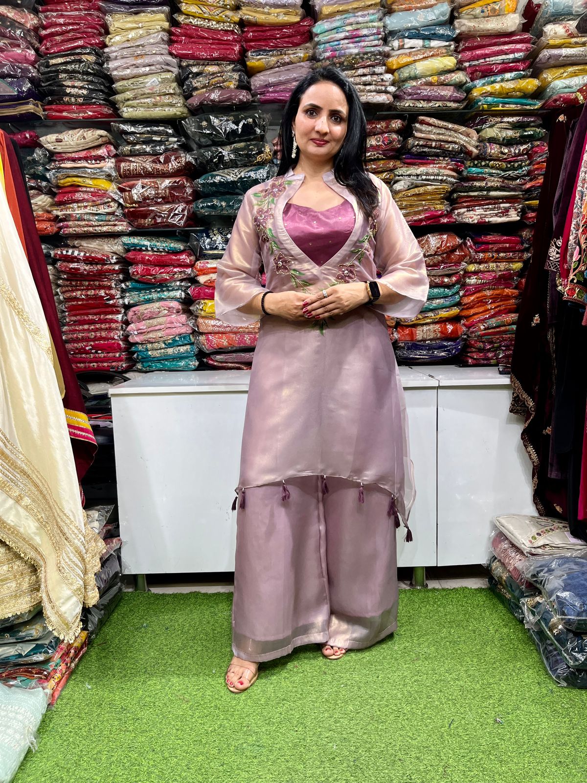 Designer Three Peice Set on Glass Tissue Shimmer - Image 2