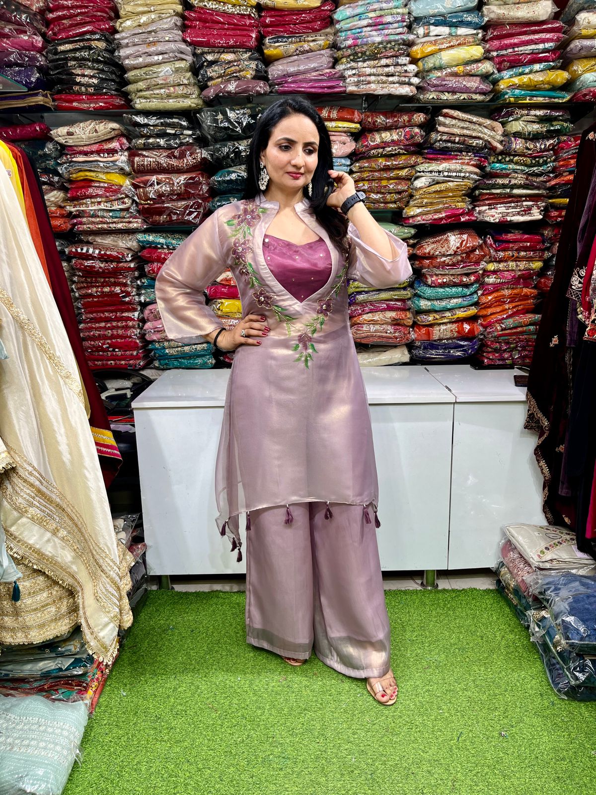 Designer Three Peice Set on Glass Tissue Shimmer