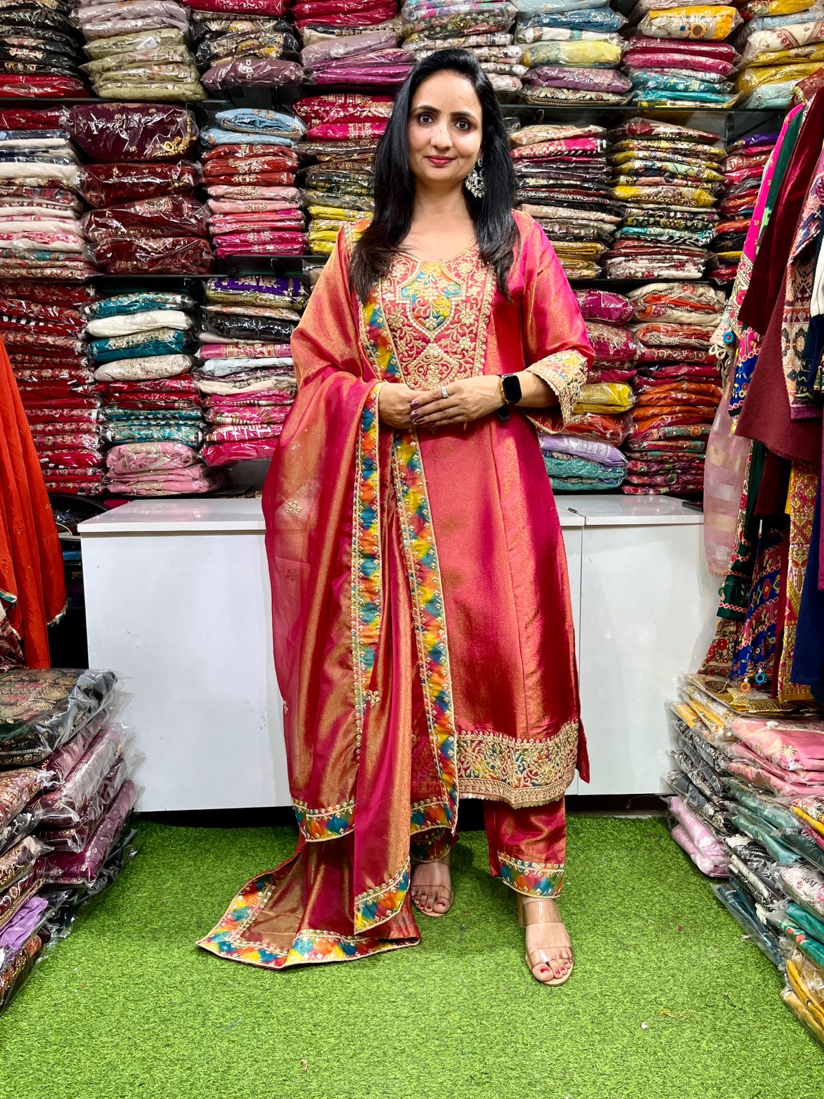 Designer Tissue Shimmer A Line Suit Set