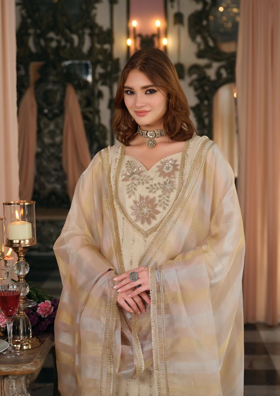 Designer Tissue Shimmer Hand Embroidered Suit Set - Image 4