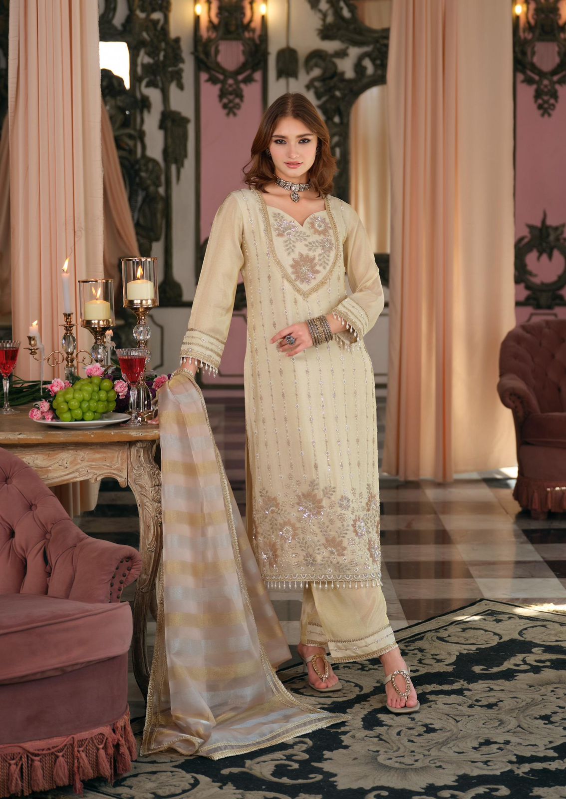 Designer Tissue Shimmer Hand Embroidered Suit Set - Image 3
