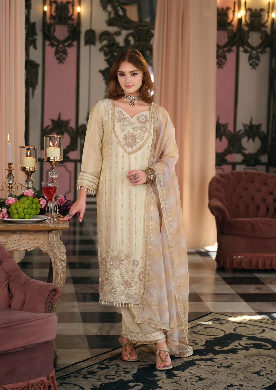 Designer Tissue Shimmer Hand Embroidered Suit Set