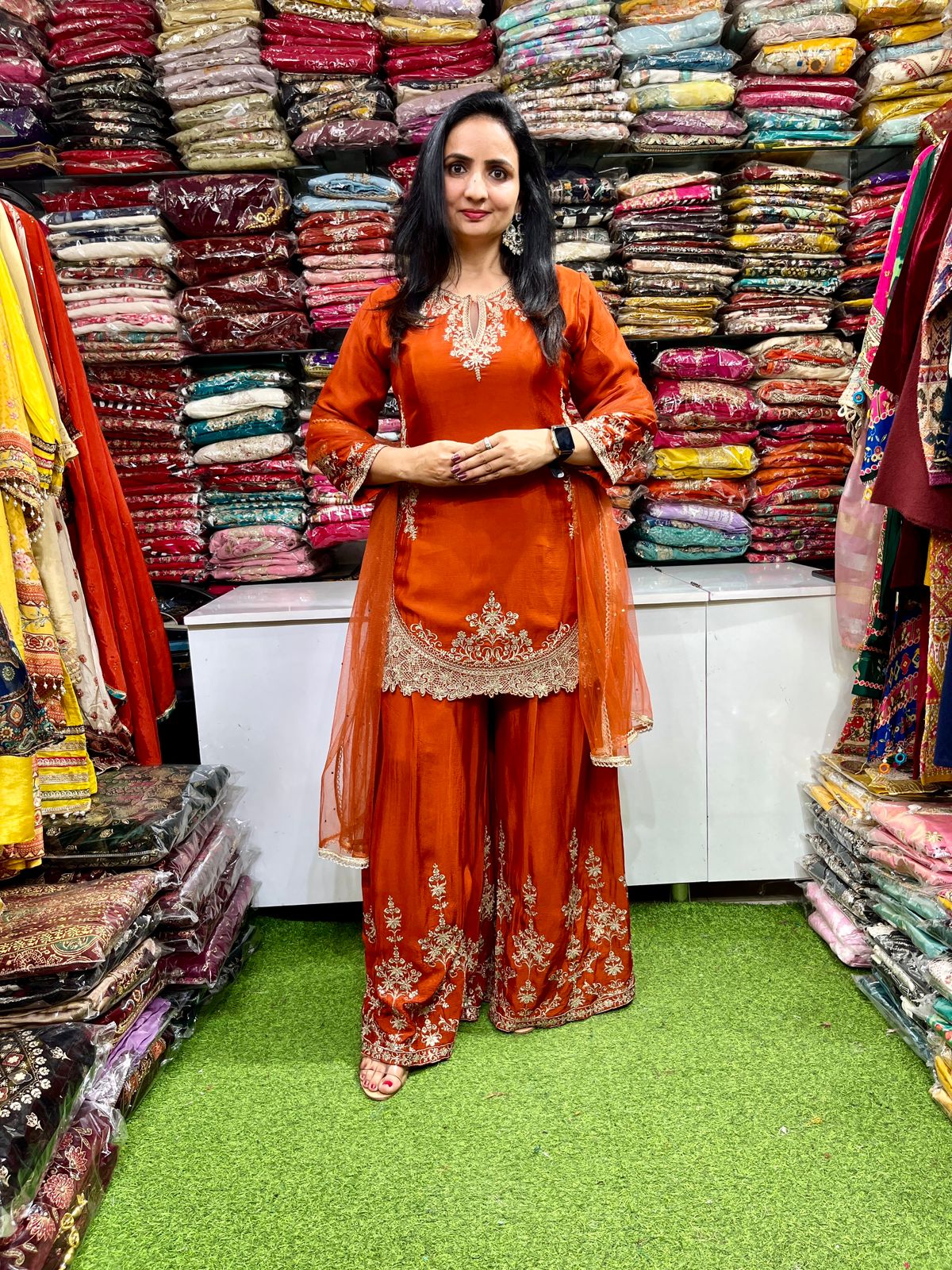 Partywear Pure Chinon Rust Suit Set