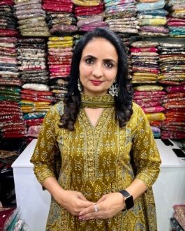 Pure Cotton Mehandi Green Anarkali Set