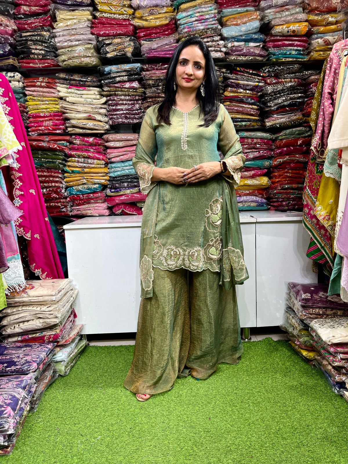 Designer Crush Tissue Embroidered Suit Set - Image 5