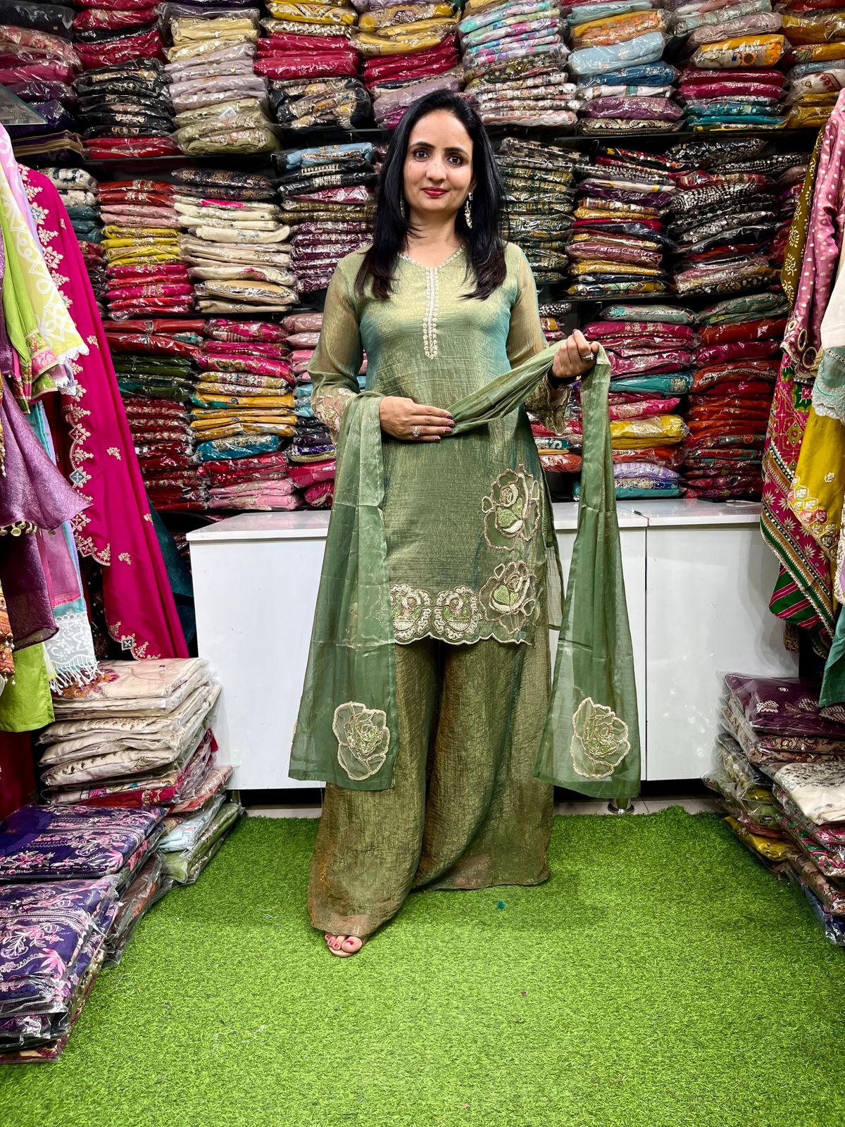 Designer Crush Tissue Embroidered Suit Set - Image 7