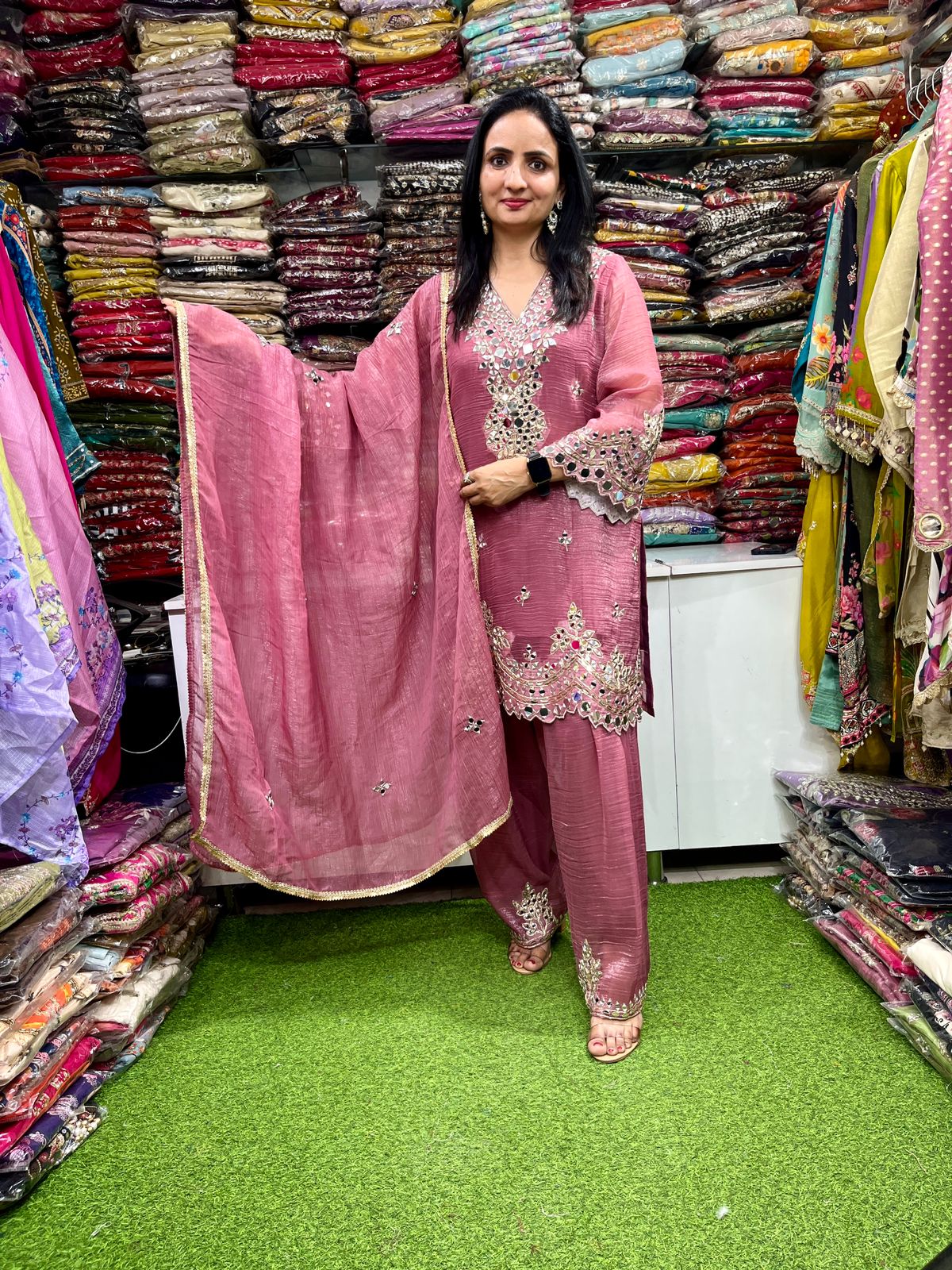 Designer Crush Tissue Real Mirror Suit with Farsi