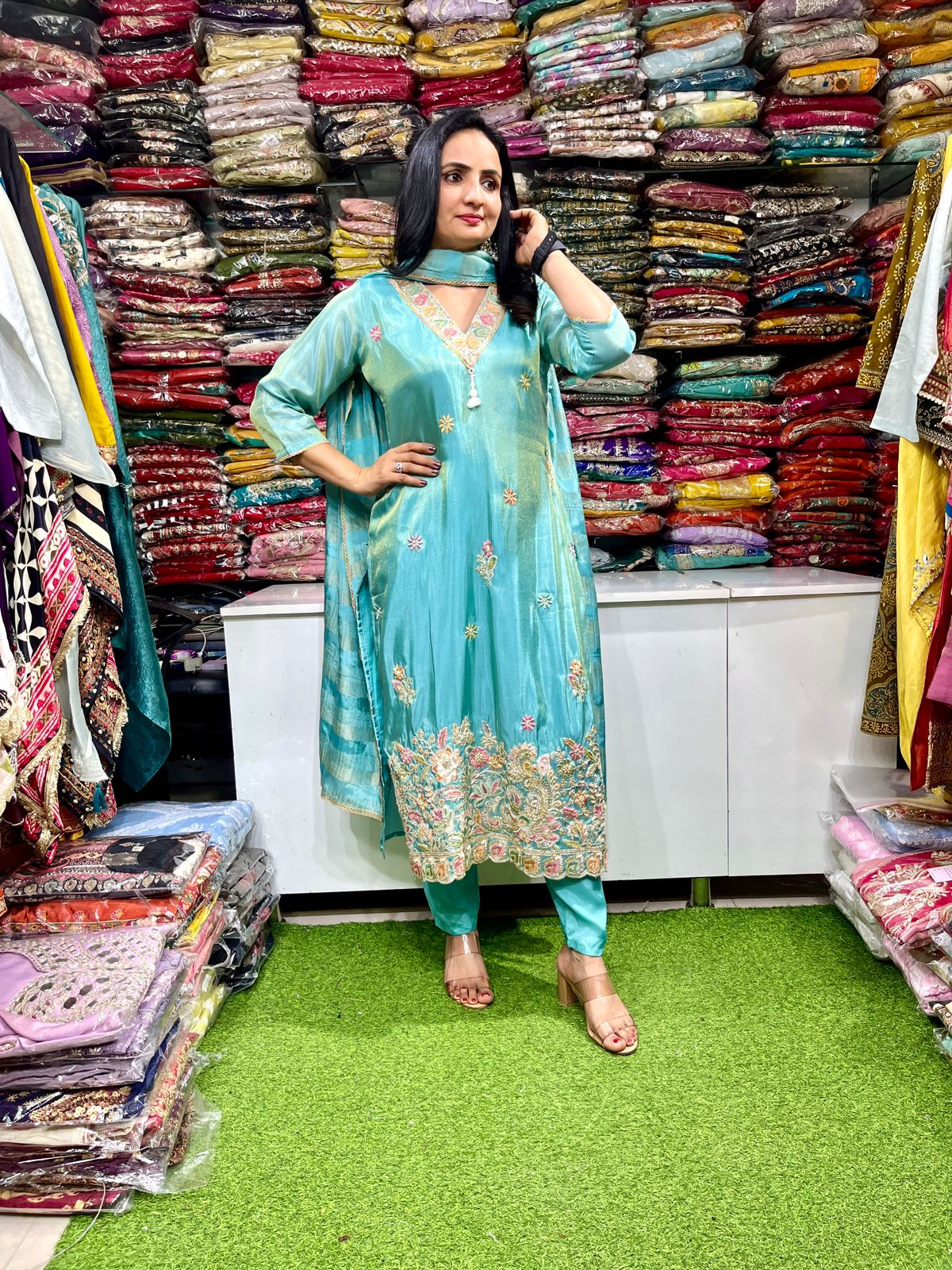 Designer Glass Tissue Shimmer Embroidered Suit Set - Image 5