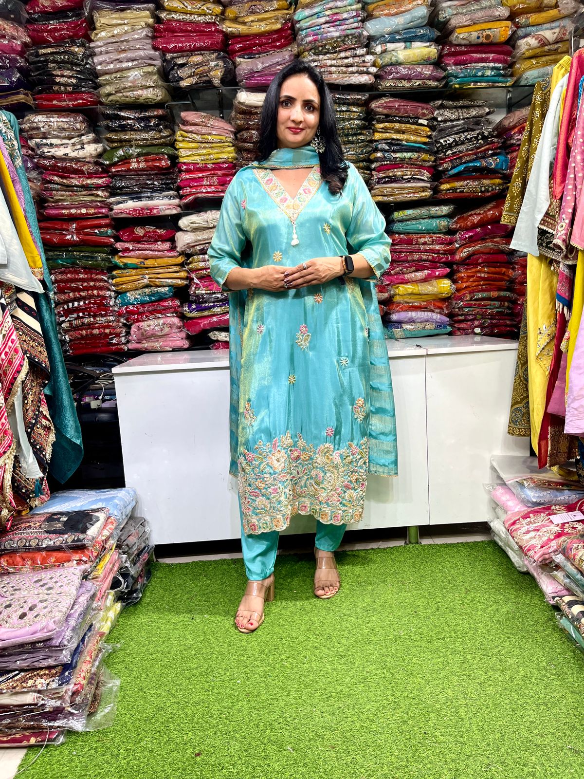 Designer Glass Tissue Shimmer Embroidered Suit Set - Image 4