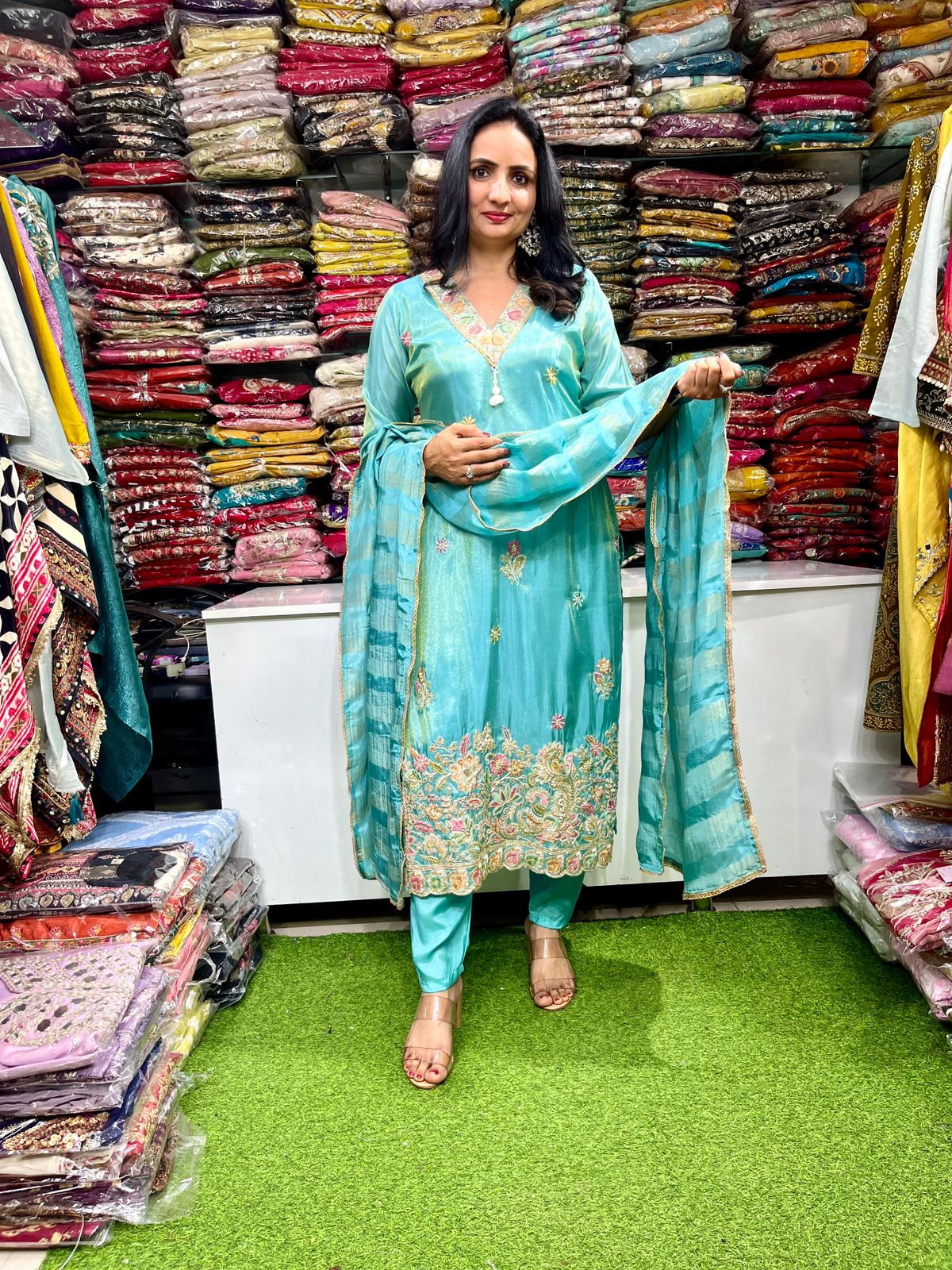 Designer Glass Tissue Shimmer Embroidered Suit Set - Image 3