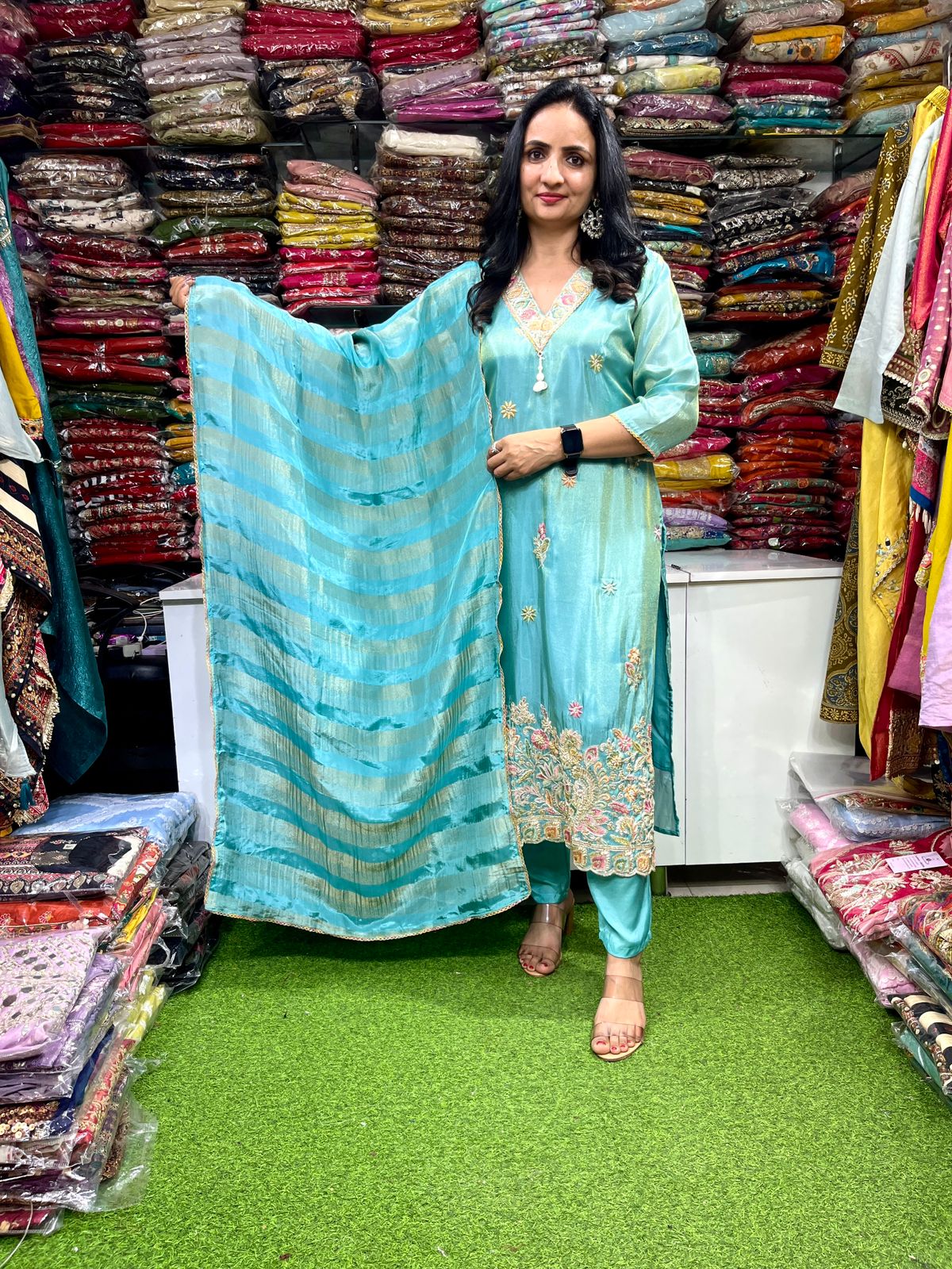 Designer Glass Tissue Shimmer Embroidered Suit Set