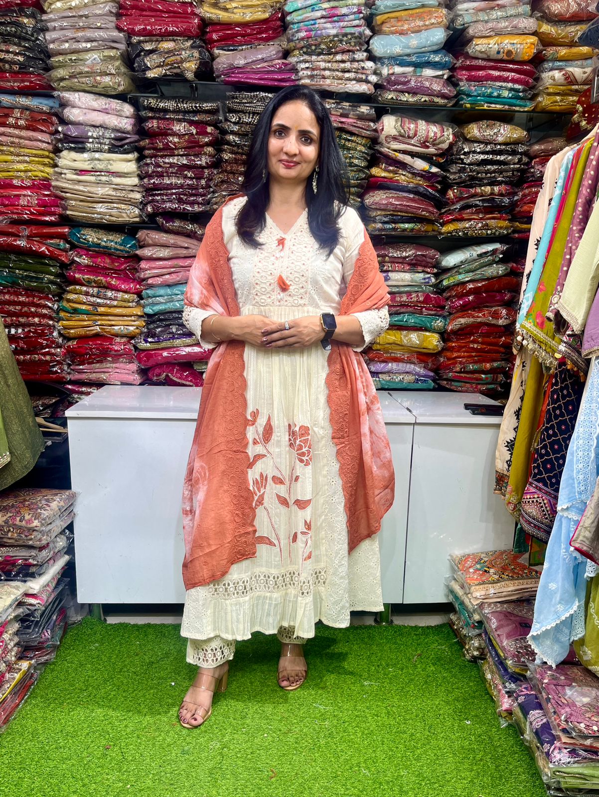 Designer Pure Cotton Anarkali Set with Embroidery - Image 4