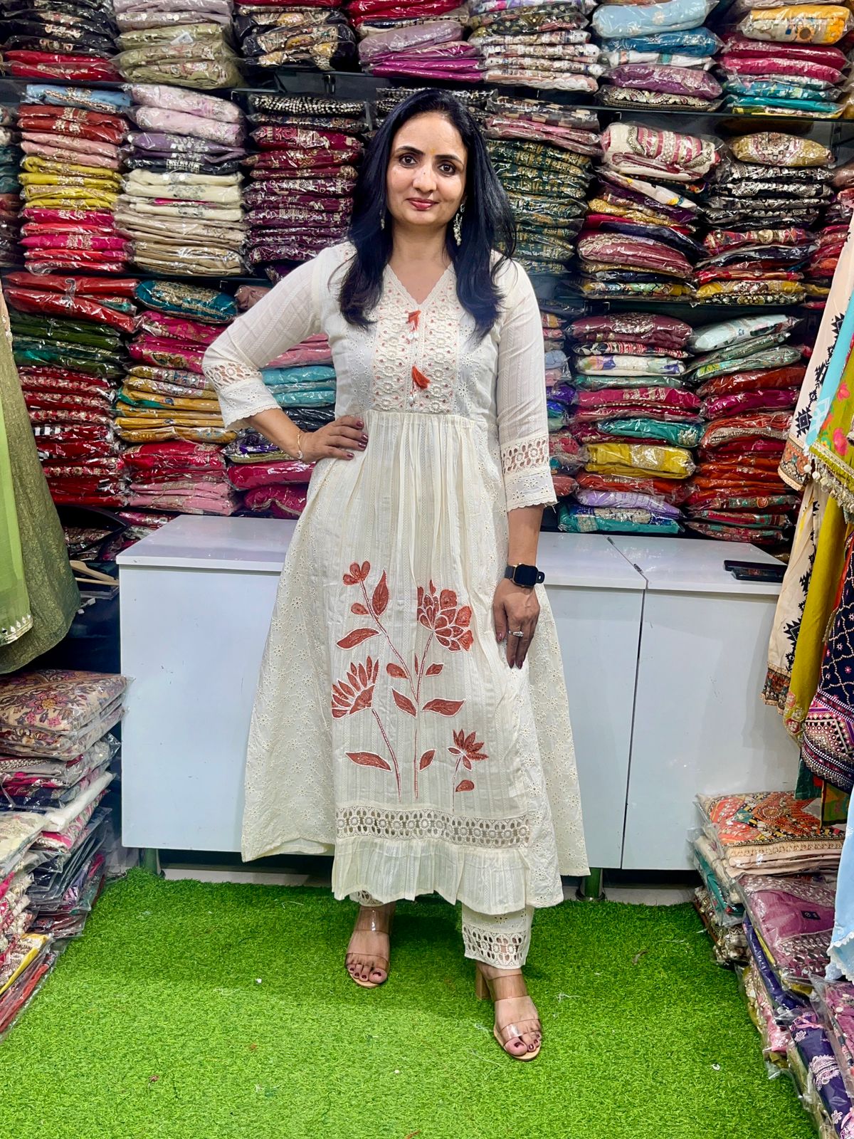 Designer Pure Cotton Anarkali Set with Embroidery - Image 2