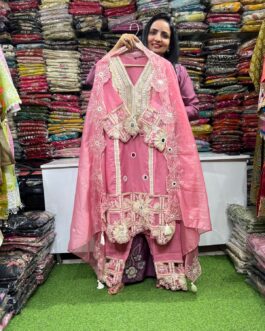 Designer Pure Muslin Cotton Pink Pakistani Suit Set
