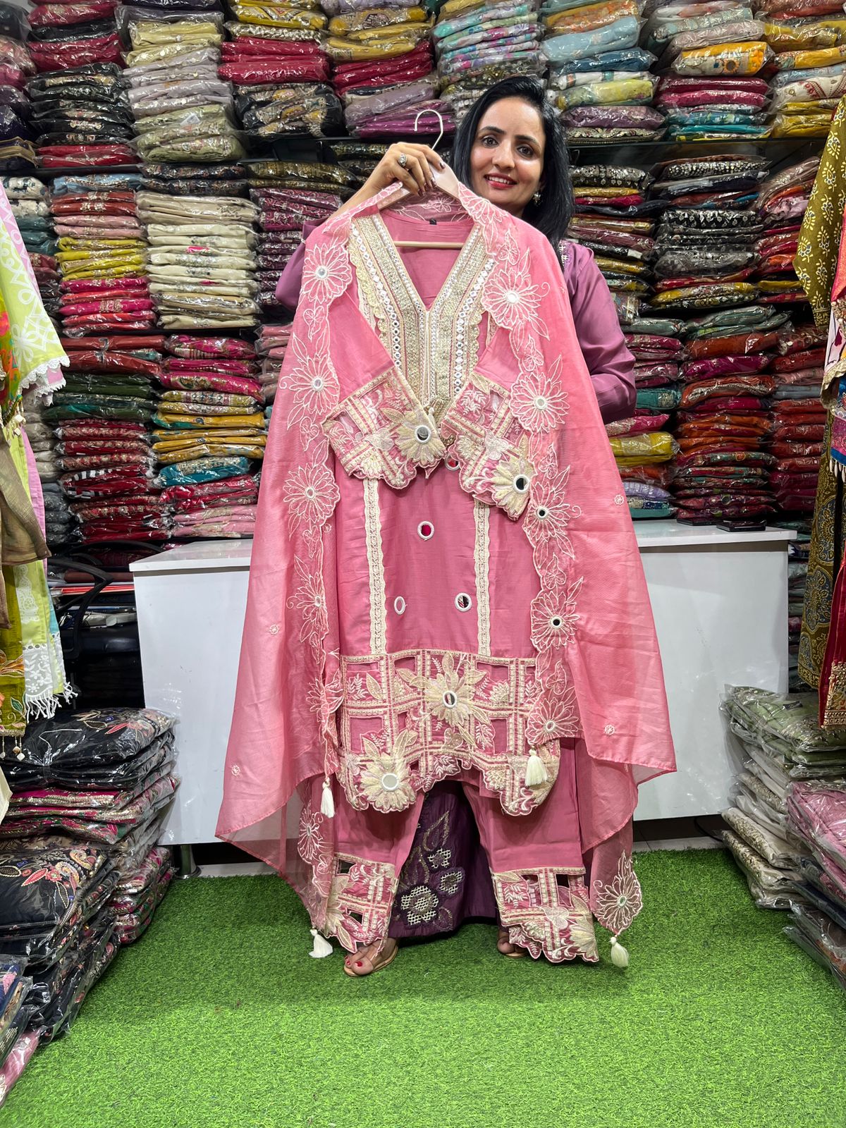Designer Pure Muslin Cotton Pink Pakistani Suit Set