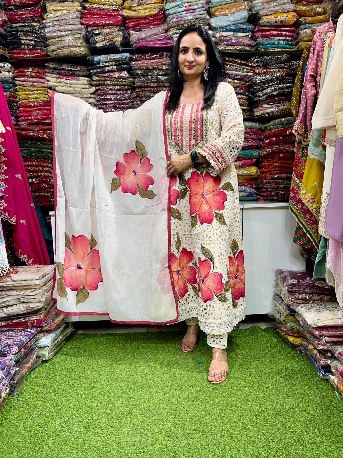 Designer Schifli Cotton Hand Painted Anarkali Set