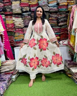 Designer Schifli Cotton Hand Painted Anarkali Set