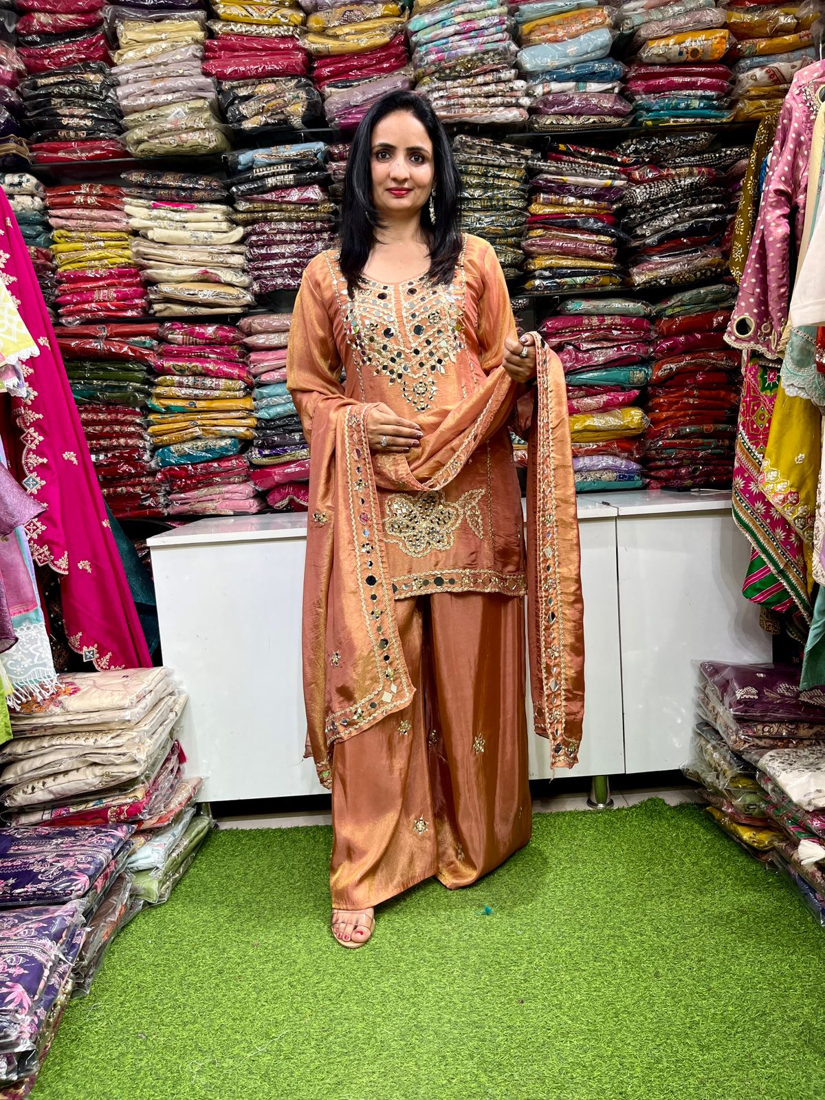 Designer Tissue Shimmer Suit Set with Real Mirror and Zari Embroidery - Image 2