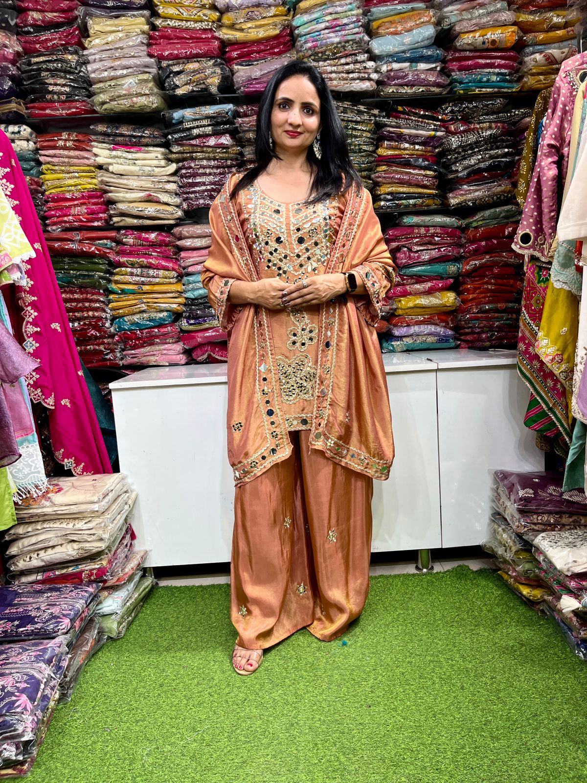 Designer Tissue Shimmer Suit Set with Real Mirror and Zari Embroidery - Image 3