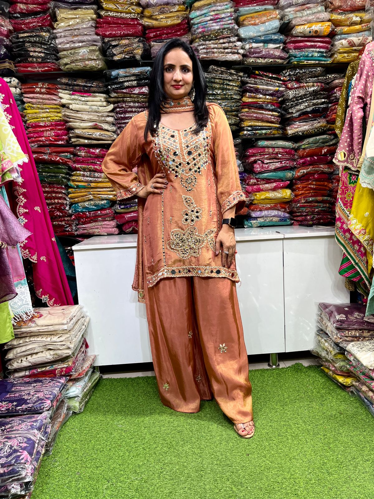 Designer Tissue Shimmer Suit Set with Real Mirror and Zari Embroidery - Image 4