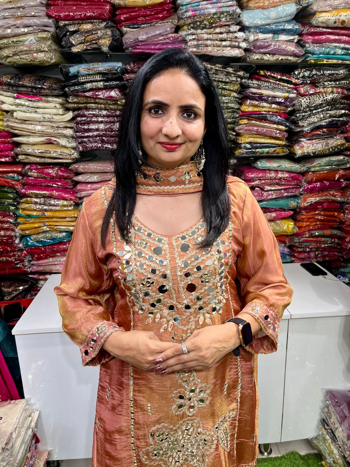 Designer Tissue Shimmer Suit Set with Real Mirror and Zari Embroidery - Image 6