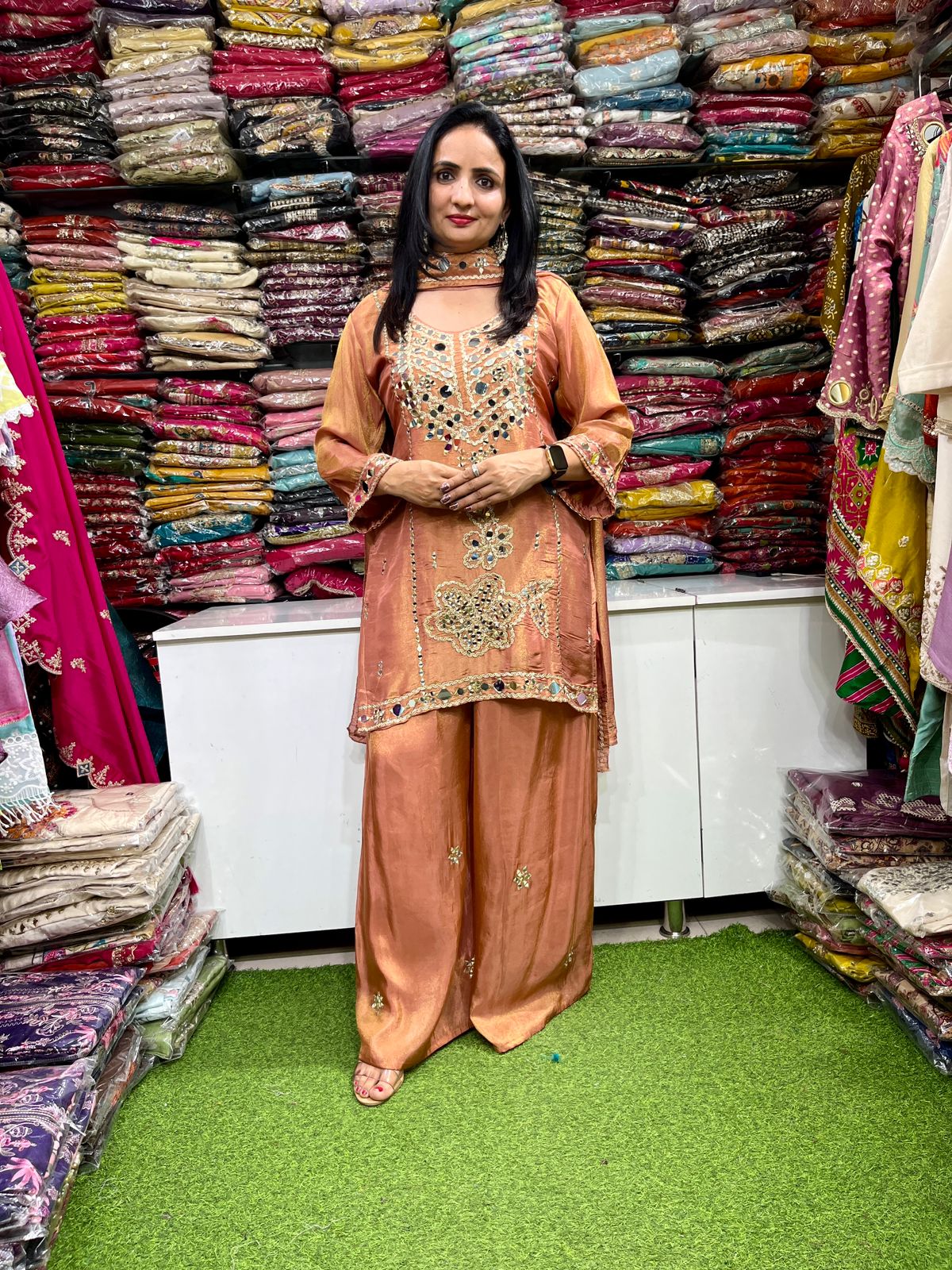 Designer Tissue Shimmer Suit Set with Real Mirror and Zari Embroidery - Image 7