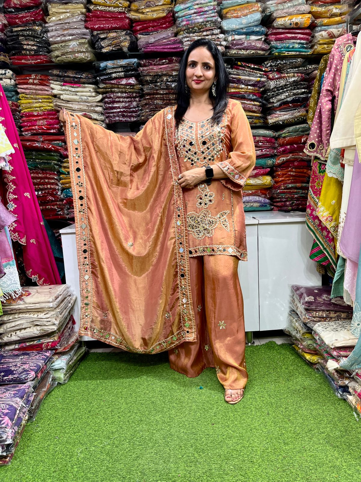 Designer Tissue Shimmer Suit Set with Real Mirror and Zari Embroidery