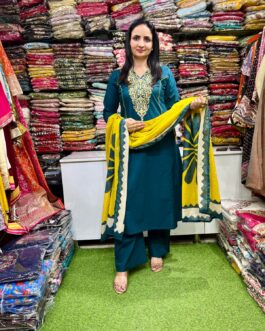 Pure Cotton Embroidered A Line Teal Blue Suit Set