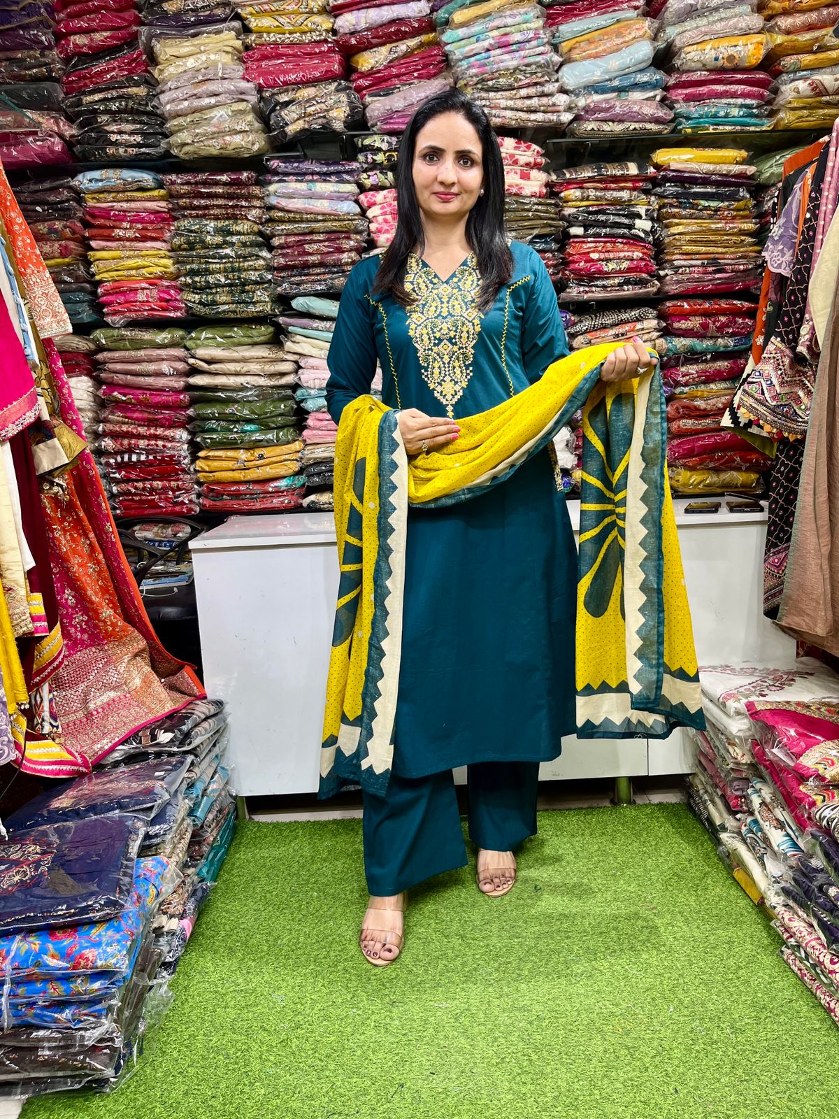 Pure Cotton Embroidered A Line Teal Blue Suit Set - Image 2