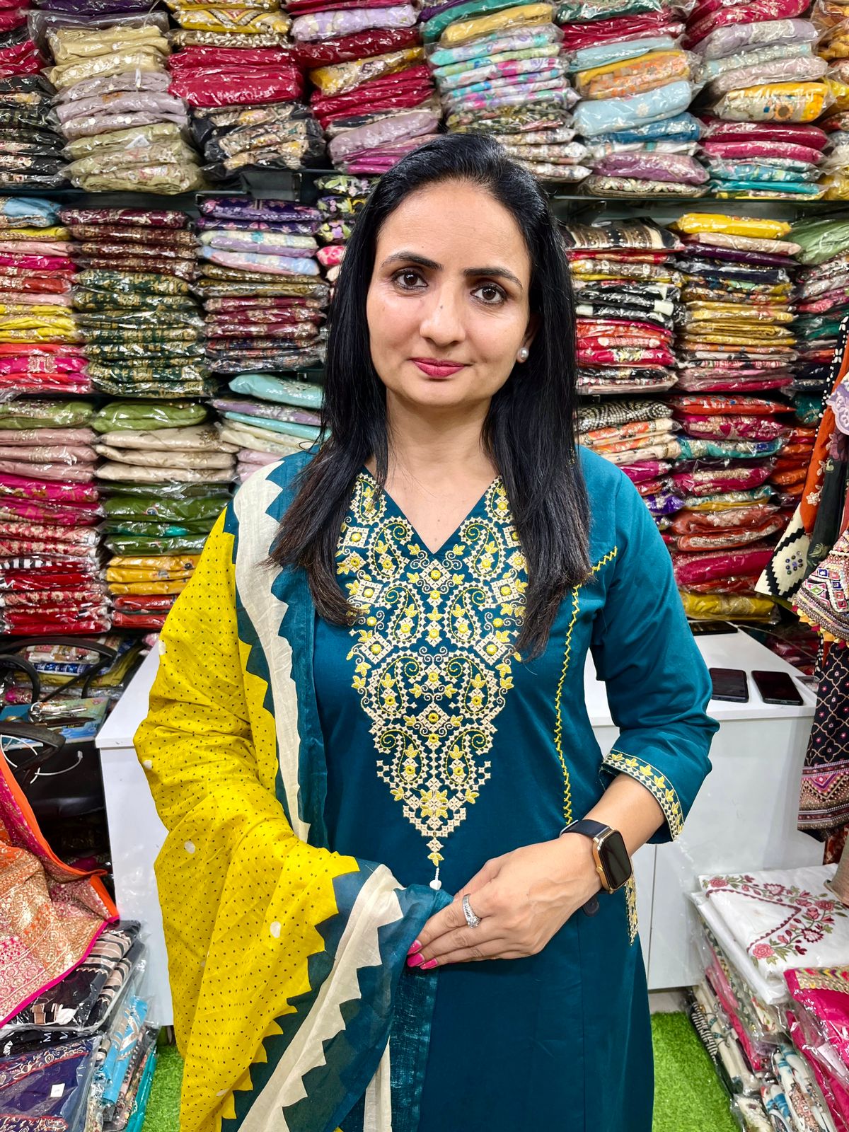 Pure Cotton Embroidered A Line Teal Blue Suit Set - Image 3