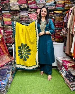 Pure Cotton Embroidered A Line Teal Blue Suit Set