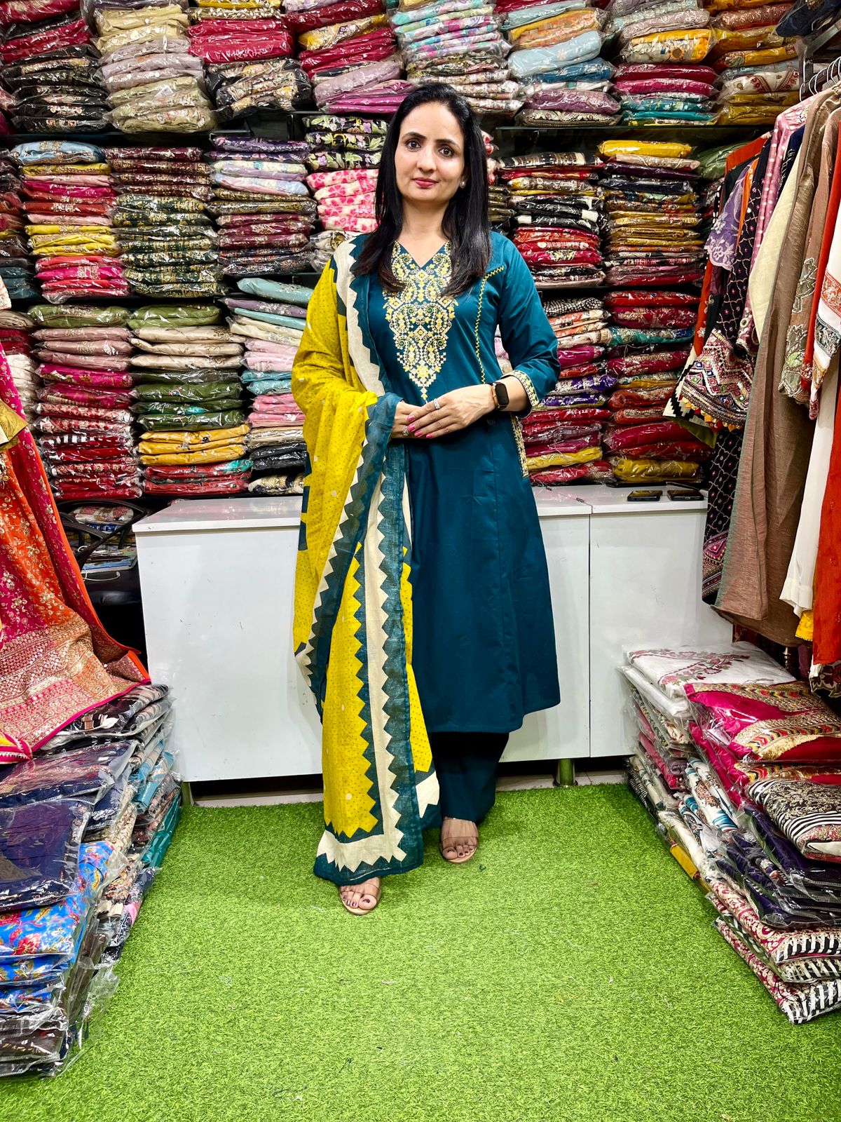 Pure Cotton Embroidered A Line Teal Blue Suit Set - Image 4