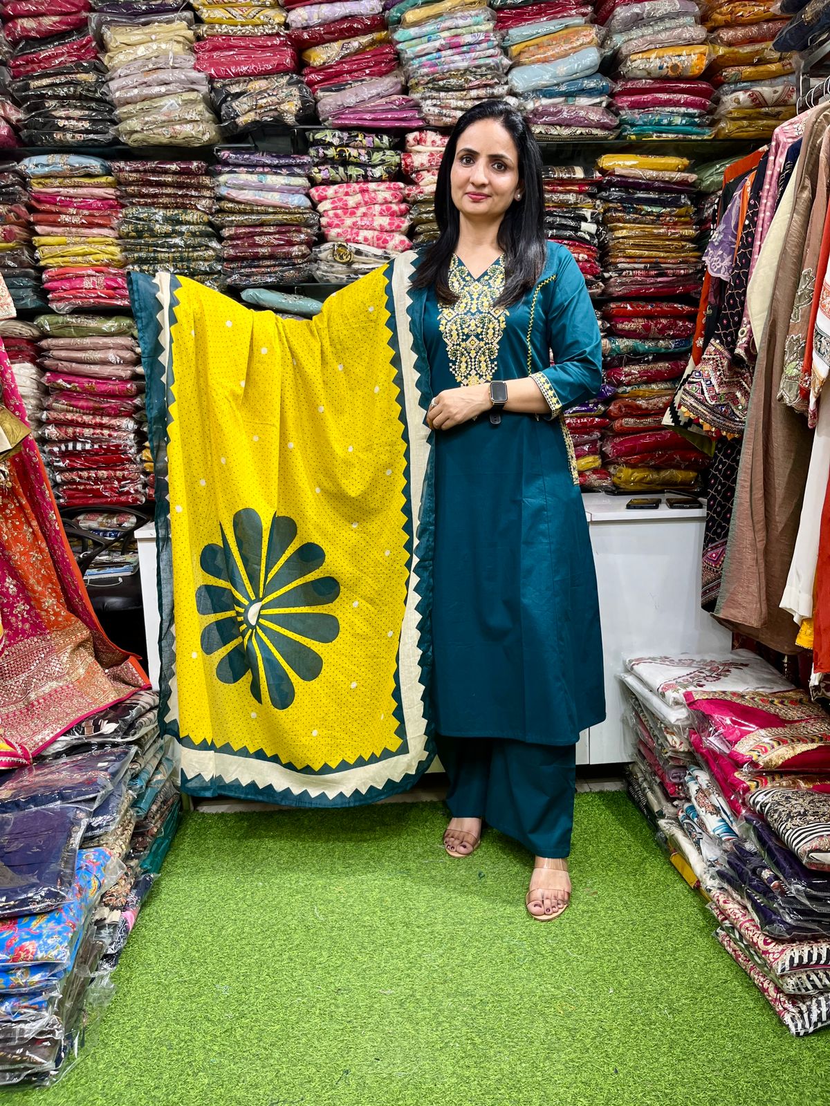 Pure Cotton Embroidered A Line Teal Blue Suit Set