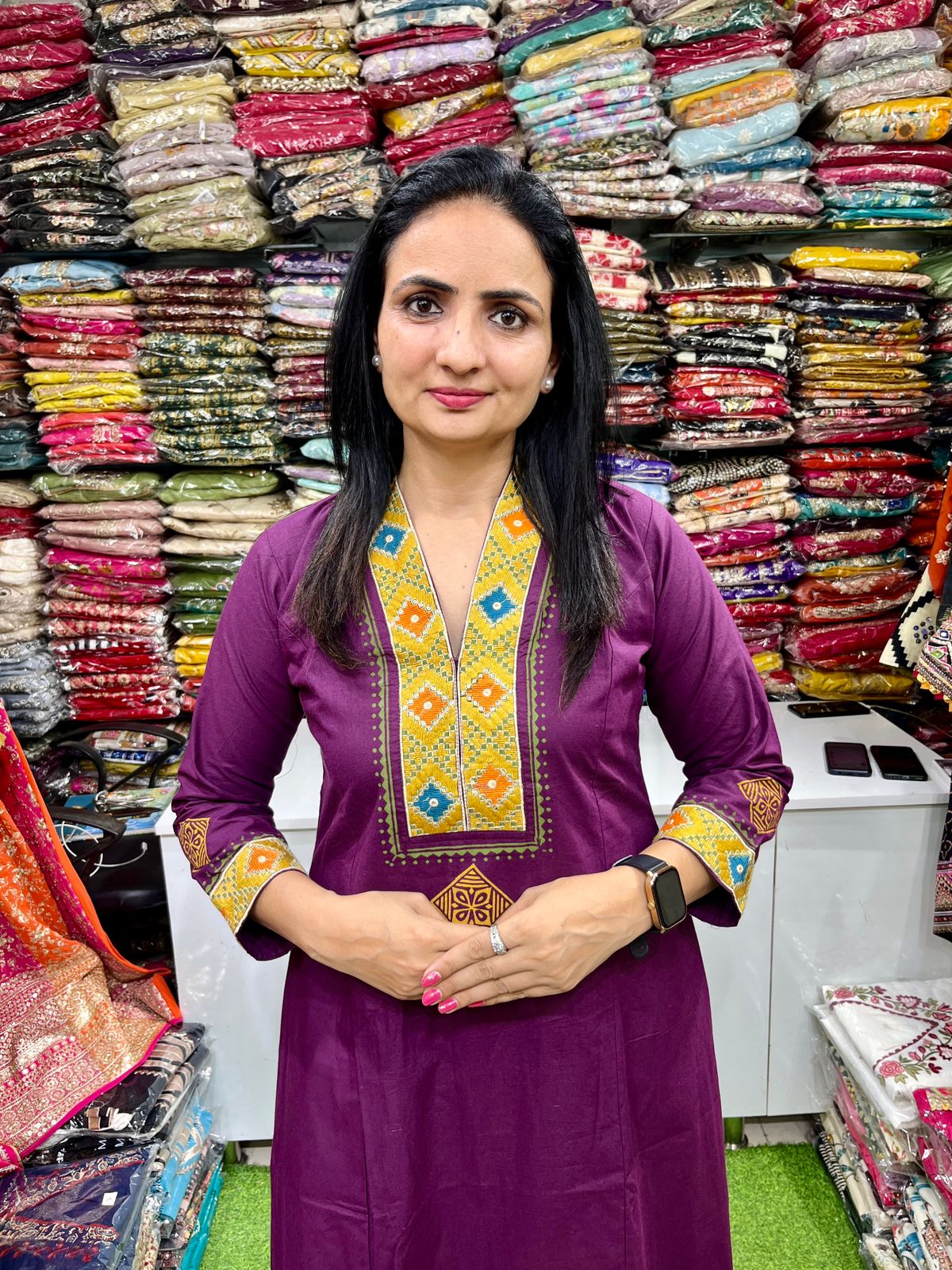 Pure Cotton Embroidered A Line Wine Suit Set - Image 4