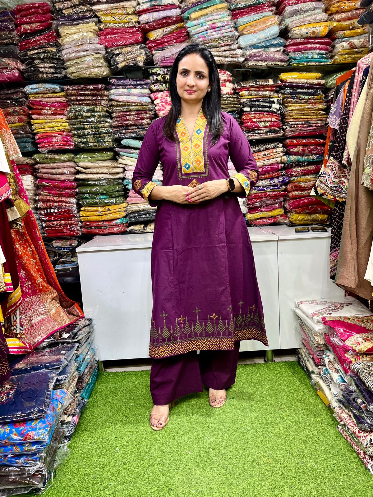 Pure Cotton Embroidered A Line Wine Suit Set - Image 3