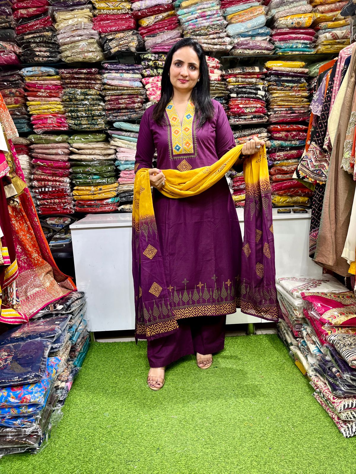 Pure Cotton Embroidered A Line Wine Suit Set - Image 2