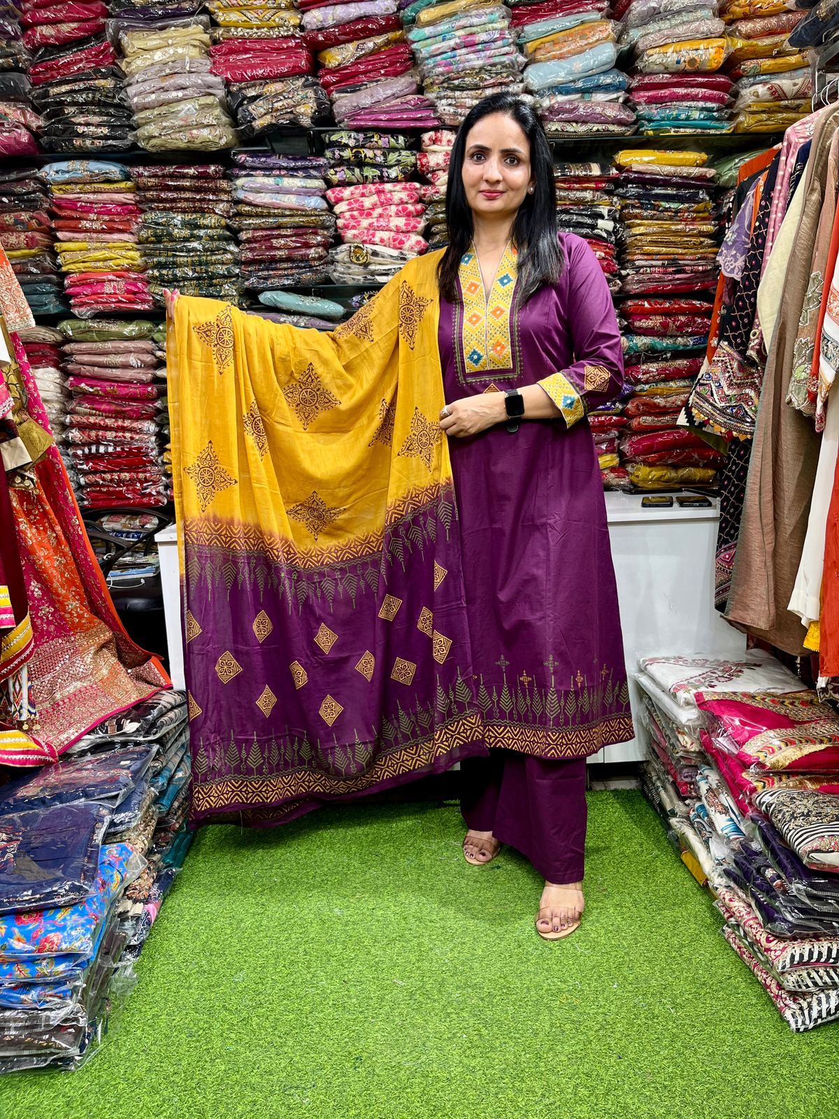 Pure Cotton Embroidered A Line Wine Suit Set