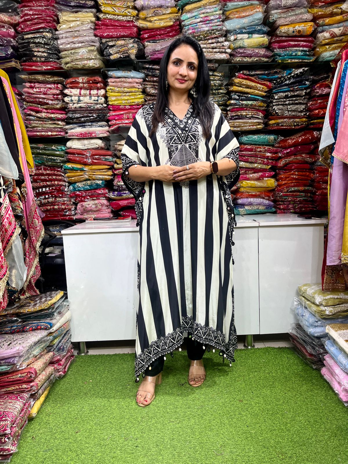 Pure Crape Black and White Kaftan Set