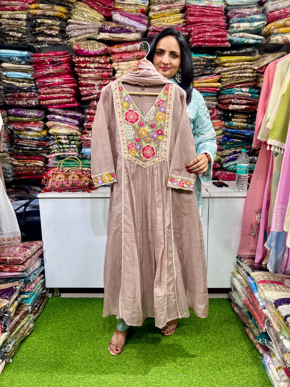 Designer Mal Chandheri A Line Embroidered Suit Set