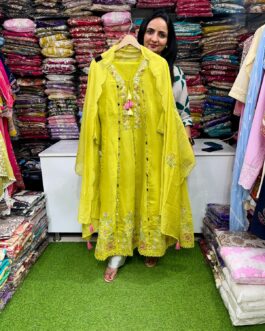 Premium Mal Chanderi Real Mirror Embroidered Anarkali Set