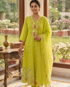 Premium Mal Chanderi Real Mirror Embroidered Anarkali Set