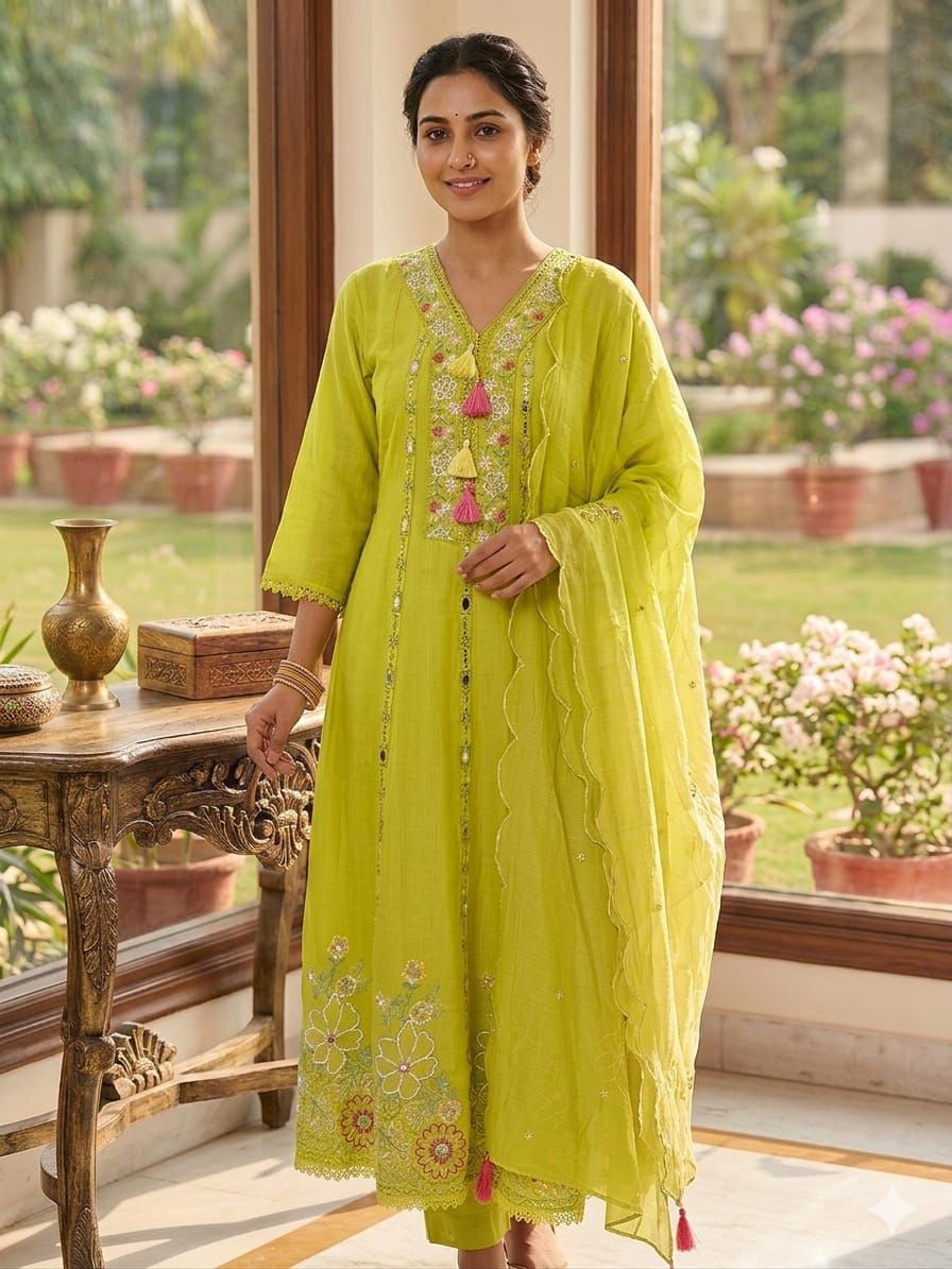 Premium Mal Chanderi Real Mirror Embroidered Anarkali Set