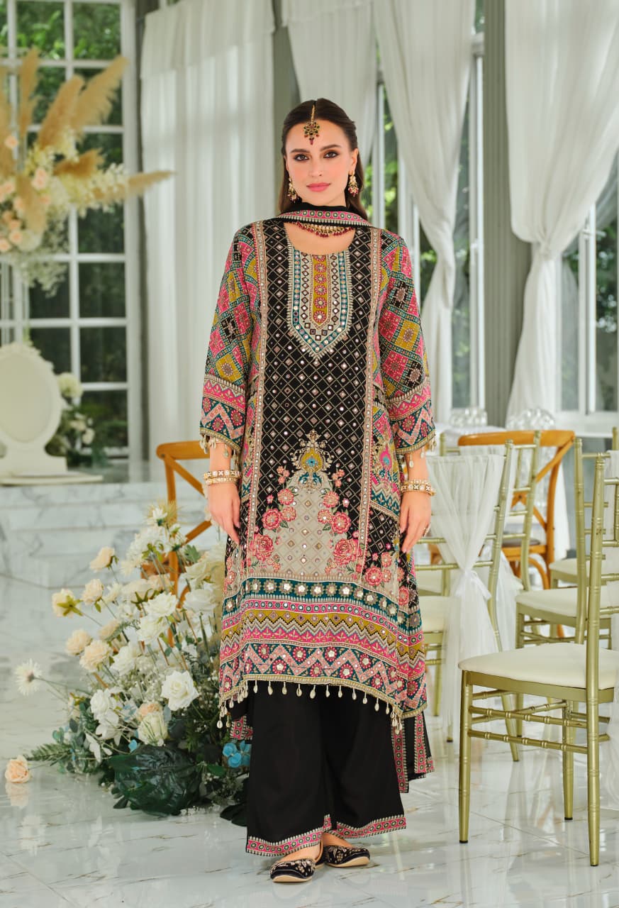 Pure Crape Black C Cut Suit Set