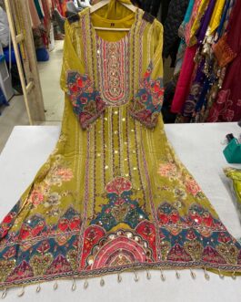 Pure Crape Yellow C Cut Suit Set