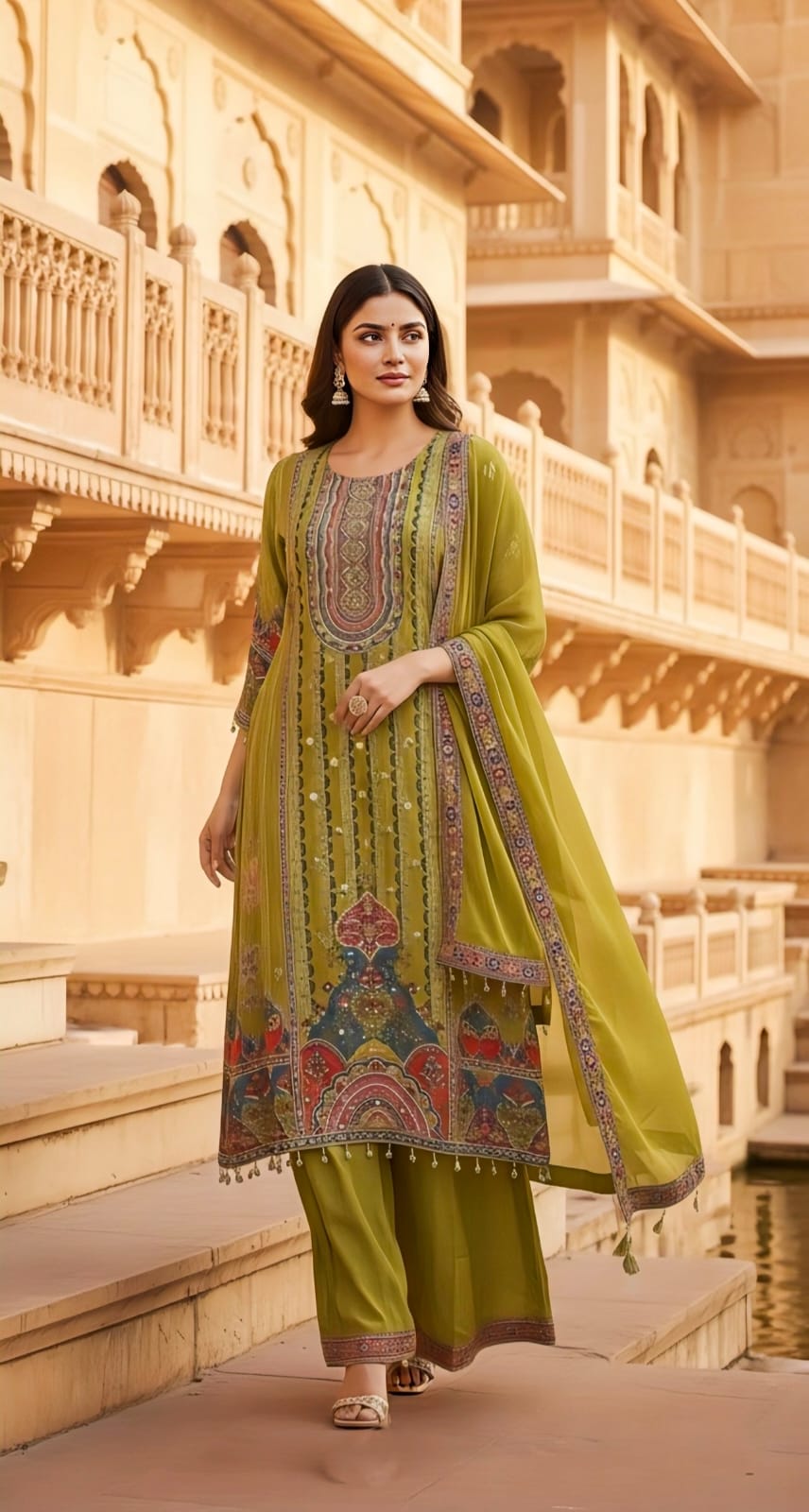 Pure Crape Yellow C Cut Suit Set
