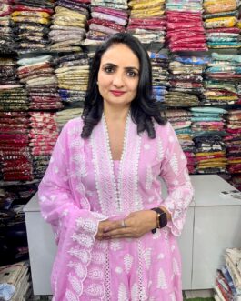 Pure Mal Cotton Chikankari Pink Anarkali Set