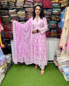 Pure Mal Cotton Chikankari Pink Anarkali Set