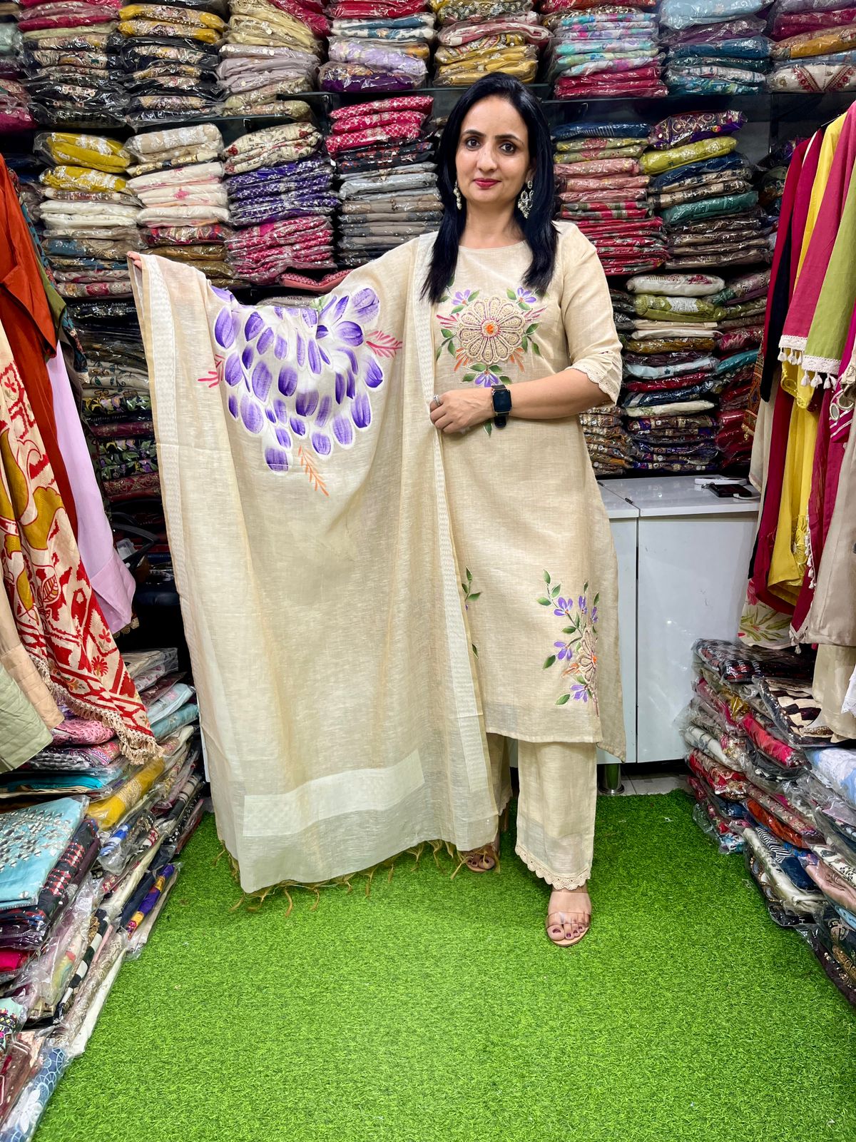 Designer Chandheri Embroidered Suit Set